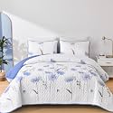 Dinjoy Floral Quilt Set Twin Size, Blue Bedspreads with Pillowcase