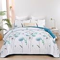 Dinjoy King Quilt Set, 3 Pieces Teal Boho Bedspreads, Fall Flower Bedding