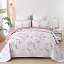 Dinjoy Pink Quilt Set Full, Floral Botanical Bedspread with 2 Pillowcase