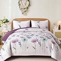 Dinjoy Queen Quilt Set, 3 Pieces Floral Purple Bedspread Coverlet Set