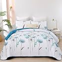 Dinjoy Quilt Set Full Size, Teal Blue Floral Bedspread with 2 Pillowcase