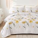 Dinjoy Quilt Set Full Size Yellow, 3 Pieces Floral Parrten Bedspreads