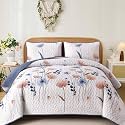 Dinjoy Quilt Set King Size, Blue Floral Bedspread Bedding Set