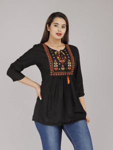 dinru casual embroidered women black top