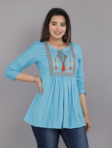 dinru casual embroidered women light blue top