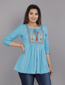 Dinru Casual Embroidered Women Light Blue Top