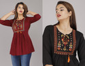 Dinru Pack of 2 Casual Regular Sleeves Embroidered Women Maroon, Black Top