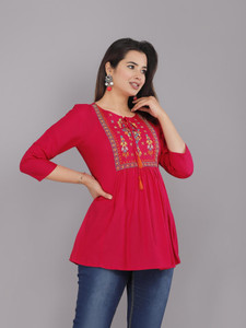 dinru casual embroidered women red top