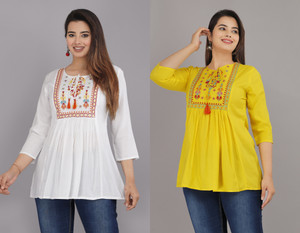 dinru pack of 2 casual regular sleeves embroidered women white yellow top