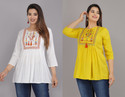 Dinru Pack of 2 Casual Regular Sleeves Embroidered Women White, Yellow Top