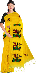 dipdiya embroidered handloom cotton blend saree yellow