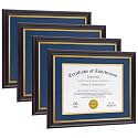 Diploma Frames 8.5x11 with Mat or 11x14 without Mat,4 Pack Certificate Document Frame with Real Glass,Black Gold &amp; Burgundy Molding(Blue/Gold Double Mat)
