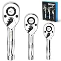 DISEN 3-Piece Stubby Ratchet Set – 1/4", 3/8", 1/2" Drive | 100-Tooth Ratchet with EVA Storage Tray | Quick Release Button | Non-Slip Grip | Reversible 3.6° Design for Tight Spaces, Chrome Finish