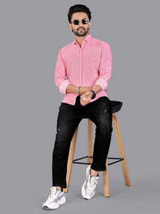 DISHANK CREATION Men Striped Casual Pink Shirt