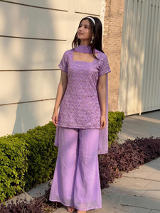 DISHWA FASHION Women Georgette Kurti Palazzo Dupatta