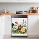 Dishwasher Cover,Farmhouse Roosters Reusable Dishwasher Magnet Cover,Decorative Spring Flowers Magnetic Refrigerator Cover Front Panel Cover for Kitchen Decor 23x26 Inch