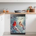 Dishwasher Magnets Decorative Cover,Winter Cardinals Refrigerator Magnet Cover,Washable Red Berry Branches Dishwasher Front Panel Cover Home Kitchen Decoration 23x26 Inch