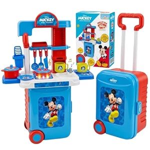 disney mickey kitchen set with trolley - 20 pcs pretend play cooking set for kids with light amp sound 2-in-1 portable role play kitchen toybirthday gift for toddlers 3 years
