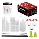 Disposable Paint Cups for Spray Gun,Mixing Cups 20 Ounce (600ml) Kit with 25 Cups and Lids with Strainer System for HVLP&LVLP,1 Hard Cup with Retainer Ring,10 Plugs,2 Adapters,3 Mixing Sticks
