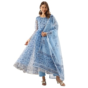 Divena Blue Floral Print Organza Anarkali Kurta