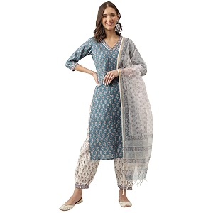 Divena blue Floral Printed Cotton Embroidered kurta
