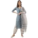 Divena blue Floral Printed Cotton Embroidered kurta