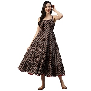 Divena Rayon Cream A-Line Floral Printed Midi