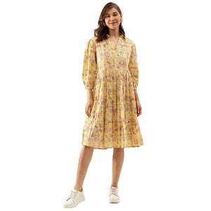 Divena Rayon Cream A-Line Floral Printed Midi
