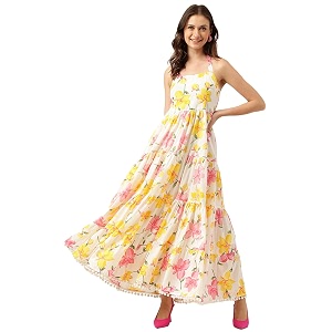 Divena Rayon Cream A-Line Floral Printed Midi