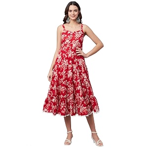 Divena Rayon Cream A-Line Floral Printed Midi