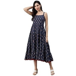 Divena Rayon Cream A-Line Floral Printed Midi