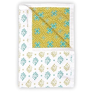 divine casa 120 gsm cotton reversible dohar single bed size  jaipuri abstract printed cotton blanket  soft lightweight ac blanket warm olive and white 140x210 cm tc - 120