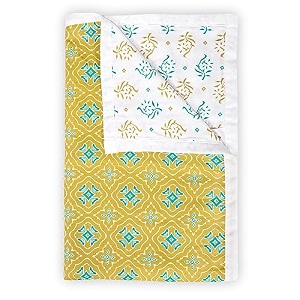 divine casa 120 gsm cotton reversible double bed dohar  soft lightweight ac blanket for mild winter  geometric print  mustard yellow and white  140 x 210 cm