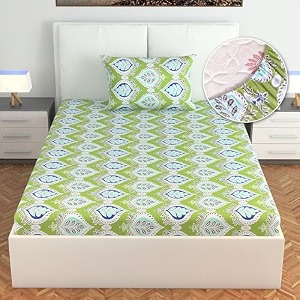 divine casa 144 tc 100 cotton single bed elastic fitted bedsheet  floral forest green design soft amp durable for comfortable sleep