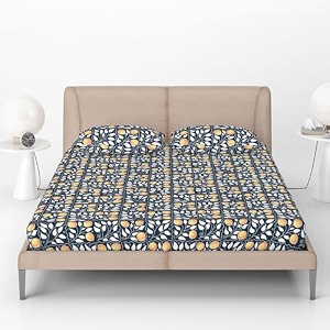 divine casa 144 tc 100 cotton deep cobalt floral king size elastic fitted bedsheet with 2 pillow covers  elegant double bed set for bedroom - 185 x 200  25 cm
