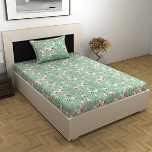 divine casa floret 100 cotton single fitted bedsheet  144 tc  deep pocket design  soft amp breathable fabric  durable amp easy care  198 x 92  25 cm blossom haven mint