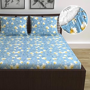 divine casa floret 100 cotton double fitted bedsheet  144 tc  deep pocket design  soft amp breathable fabric  durable amp easy care  200 x 150  25 cm blossom haven blue
