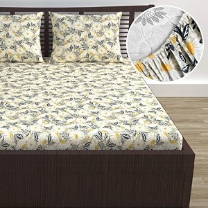 divine casa floret 100 cotton double fitted bedsheet  144 tc  deep pocket design  soft amp breathable fabric  durable amp easy care  200 x 150  25 cm vintage daisies