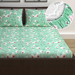 divine casa floret 100 cotton double fitted bedsheet  144 tc  deep pocket design  soft amp breathable fabric  durable amp easy care  200 x 150  25 cm blossom haven mint