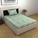 Divine Casa Floret 100% Cotton Single Fitted Bedsheet | 144 TC | Deep Pocket Design | Soft &amp; Breathable Fabric | Durable &amp; Easy Care | 198 x 92 + 25 CM, Blossom Haven Mint