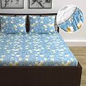 Divine Casa Floret 100% Cotton Double Fitted Bedsheet | 144 TC | Deep Pocket Design | Soft &amp; Breathable Fabric | Durable &amp; Easy Care | 200 x 150 + 25 CM, Blossom Haven Blue