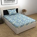 Divine Casa Floret 100% Cotton Single Fitted Bedsheet | 144 TC | Deep Pocket Design | Soft &amp; Breathable Fabric | Durable &amp; Easy Care | 198 x 92 + 25 CM, Blossom Haven Blue