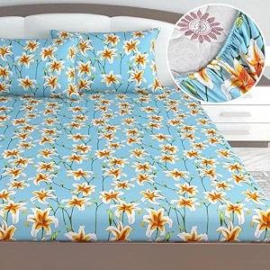 divine casa 144 tc cotton double bedsheet with 2 pillow covers  soft comfortable bedsheet for double bed  breathable printed bedding set  222 x 254 cm aqua green