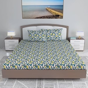 divine casa floret 100 cotton double fitted bedsheet  144 tc  deep pocket design  soft amp breathable fabric  durable amp easy care  200 x 150  25 cm woody petals