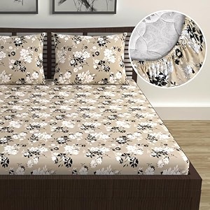 divine casa floret 100 cotton double fitted bedsheet  144 tc  deep pocket design  soft amp breathable fabric  durable amp easy care  200 x 150  25 cm ivory sunflowers