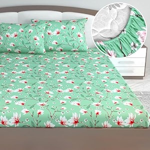 divine casa floret 100 cotton king fitted bedsheet  144 tc  deep pocket design  soft amp breathable fabric  durable amp easy care  200 x 185  25 cm blossom haven mint