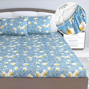divine casa floret 100 cotton king fitted bedsheet  144 tc  deep pocket design  soft amp breathable fabric  durable amp easy care  200 x 185  25 cm blossom haven blue
