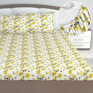 divine casa floret 100 cotton double fitted bedsheet  144 tc  deep pocket design  soft amp breathable fabric  durable amp easy care  200 x 150  25 cm daffodil yellow