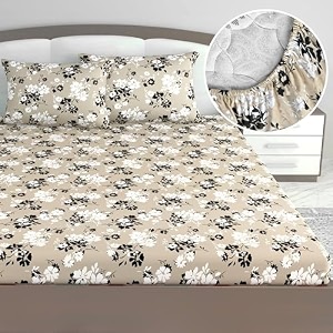 divine casa floret 100 cotton double fitted bedsheet  144 tc  deep pocket design  soft amp breathable fabric  durable amp easy care  200 x 150  25 cm ivory sunflowers