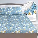 Divine Casa Floret 100% Cotton King Fitted Bedsheet | 144 TC | Deep Pocket Design | Soft &amp; Breathable Fabric | Durable &amp; Easy Care | 200 x 185 + 25 CM, Blossom Haven Blue